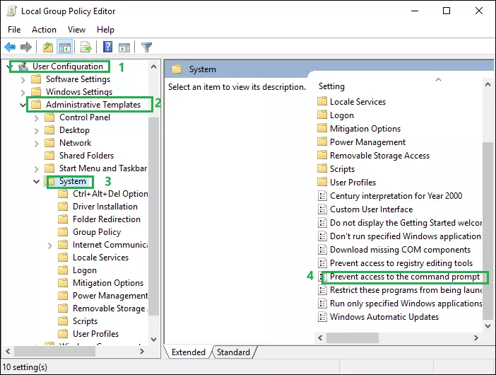 double-click the setting prevent access to the command prompt 