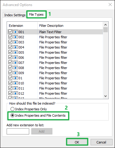 click index properties and file contents in the file types tab