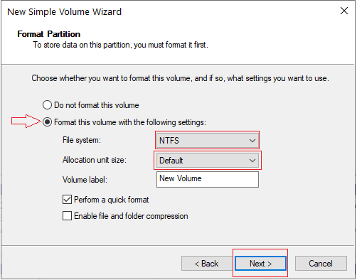 format this volume with the following settings