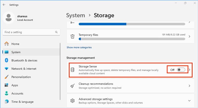 turn on storage sense