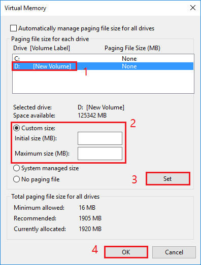 set custom size of paging file