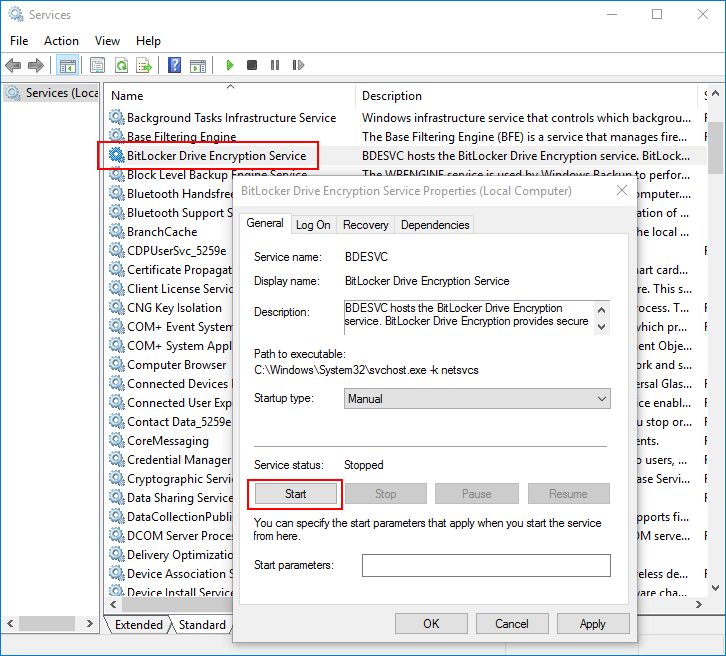 start bitlocker drive encryption service