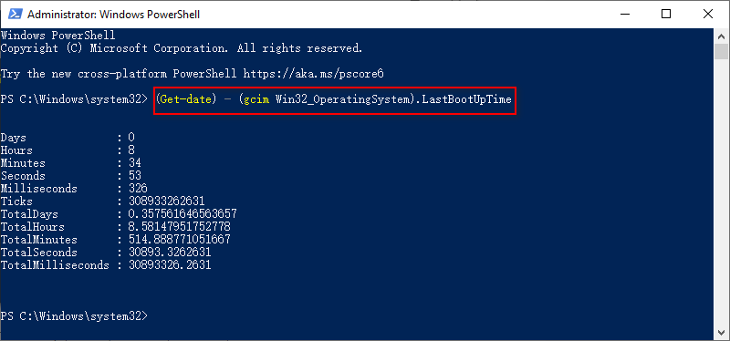 Win 10 PowerShell get uptime