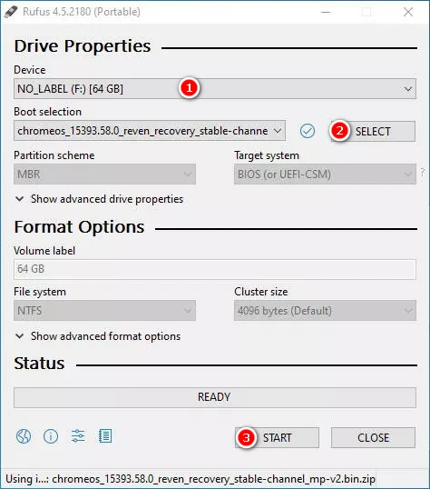 Rufus after selecting zip file