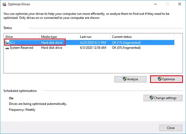 optimize drives window