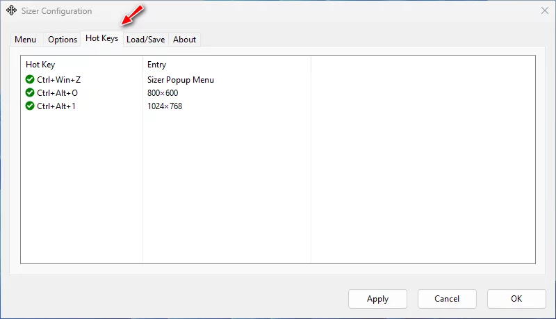 Sizer > Hot Keys