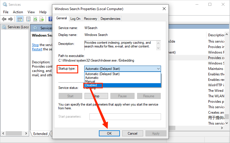 disable windows search service