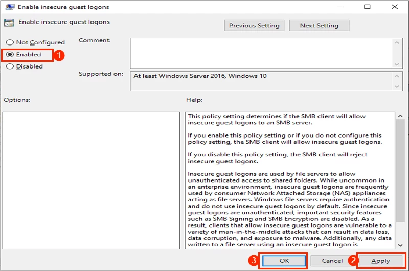 enabled insecure guest logons