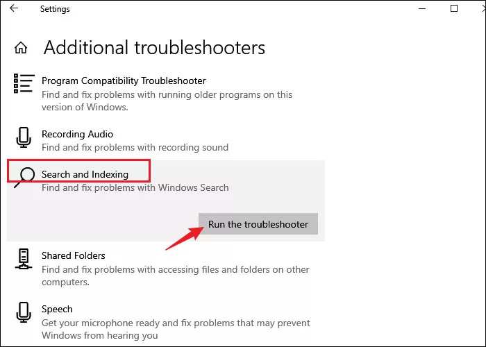 run search and indexing troubleshooter