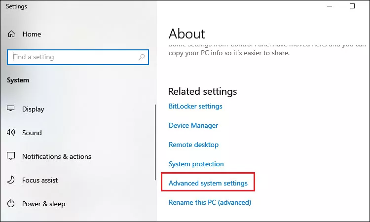 select advanced system settings