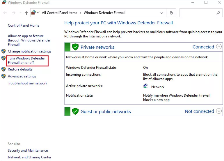 select turn windows firewall on or off