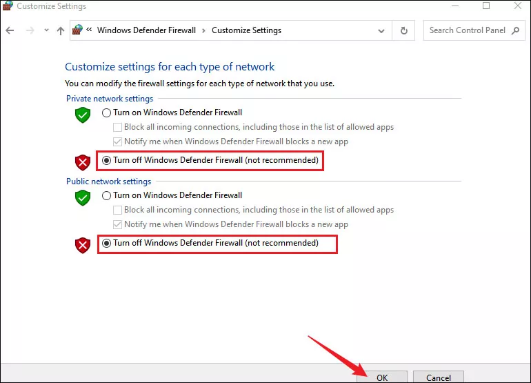 turn off windows defender firewall