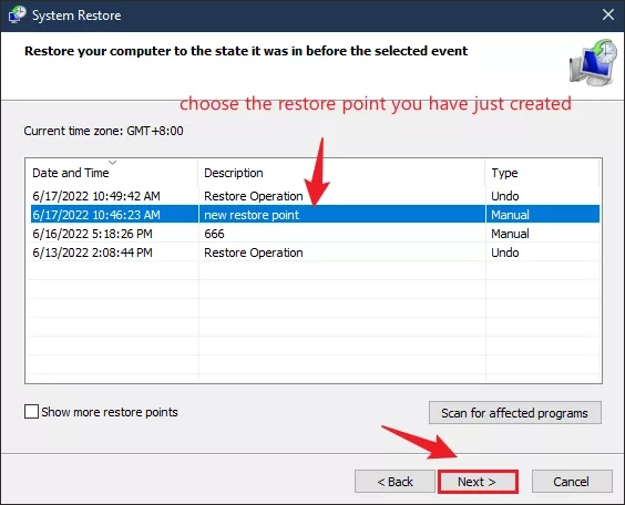 choose the restore point you created