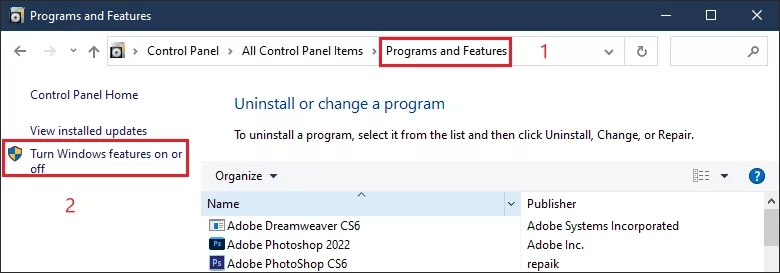 turn windows features on or off