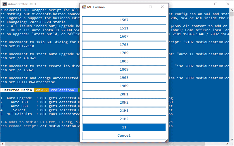 select mct version of 11