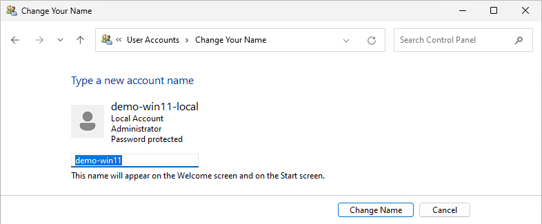 type a new account name control panel