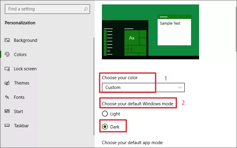 choose your color and default windows mode