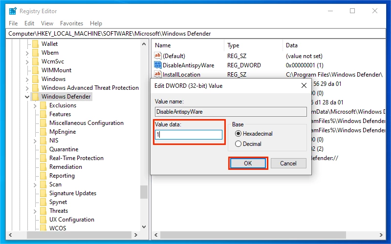 change disableantispyware value to 1