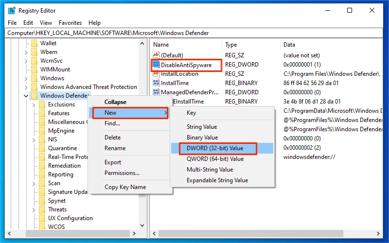 create disableantispyware value