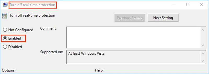 enable turn off real time protection