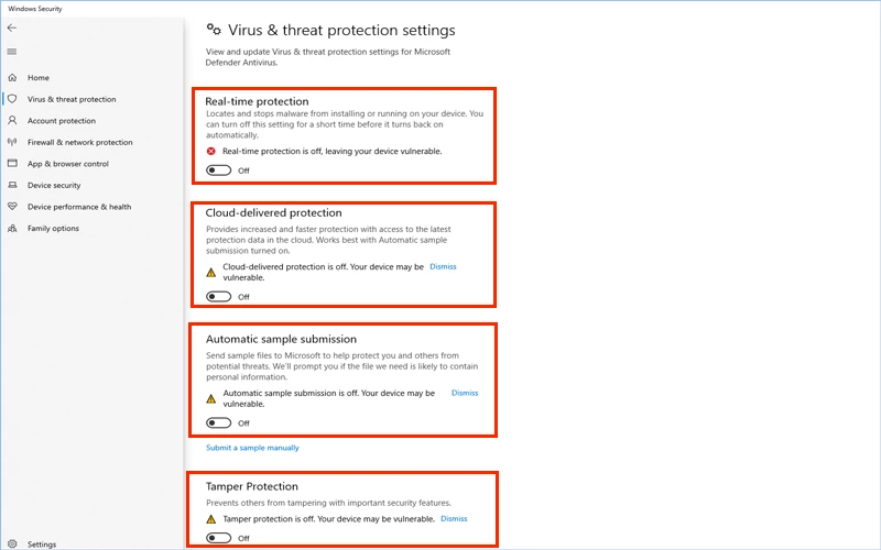 turn off virus and threat protection settings