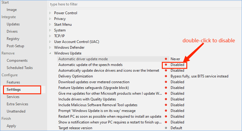 disable unwanted settings