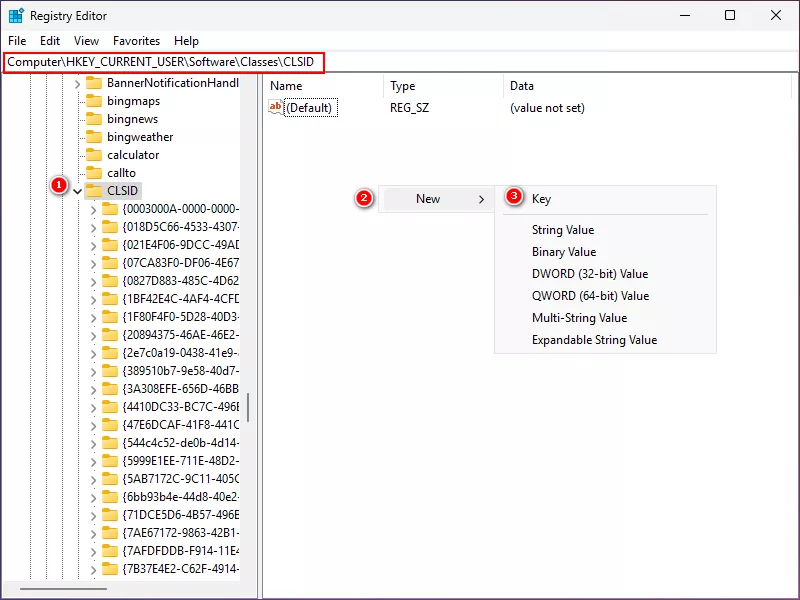 create a new key under clsid in registry editro