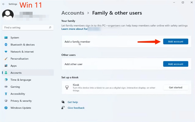 add a new account in win 11