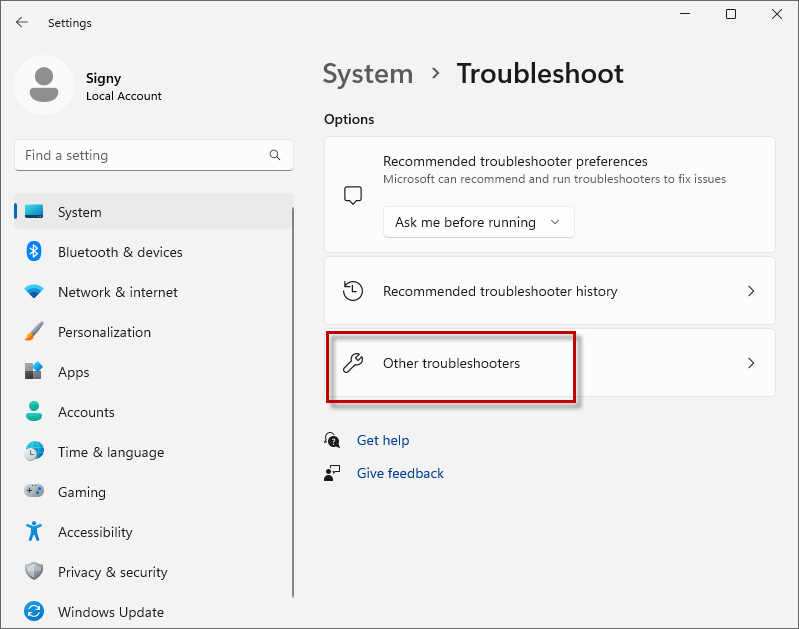 open other troubleshooters