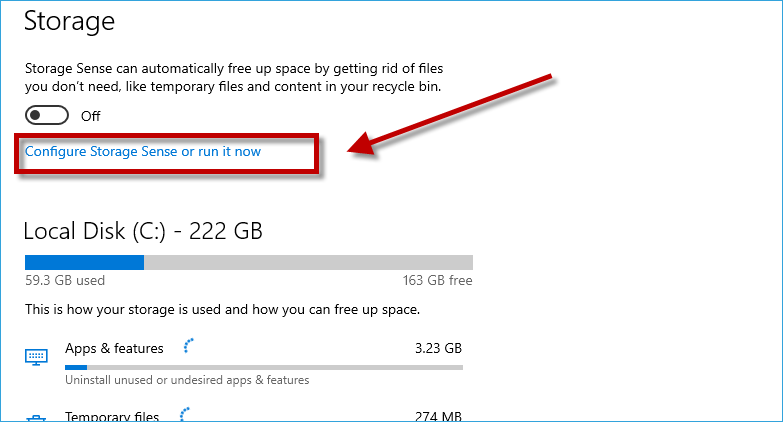 hit configure storage sense or run it slow