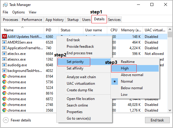 set priority for your game