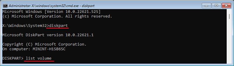 diskpart list volume