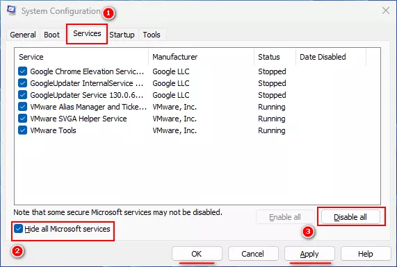 Hide all Microsoft services, then disable all