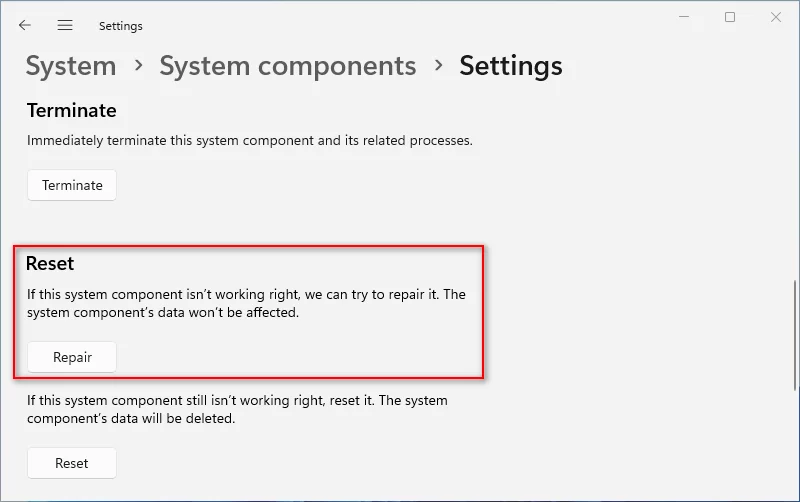 Win11 repair and reset settings app