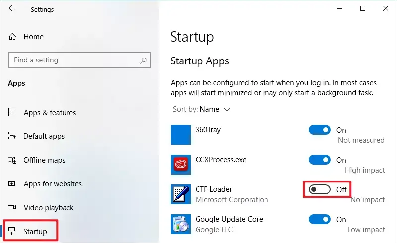 select startup and off apps