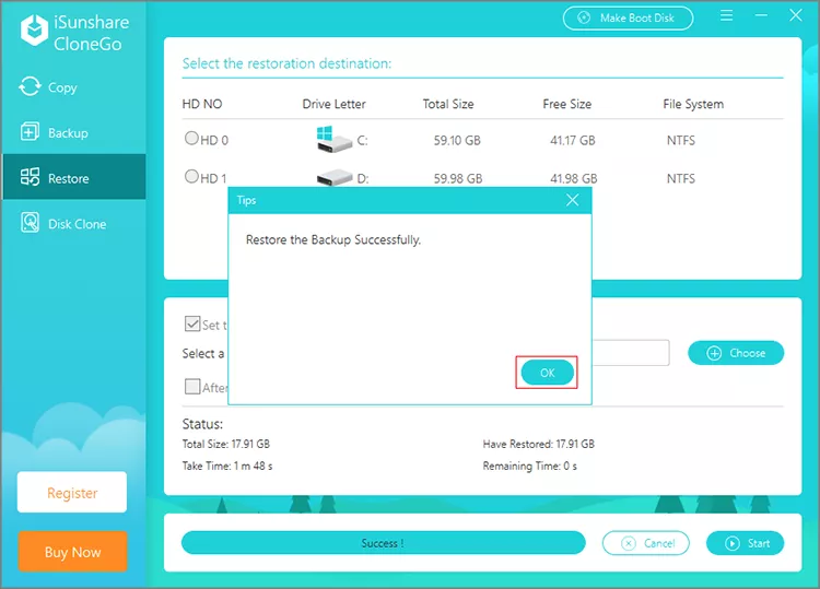 restore the backup successfully