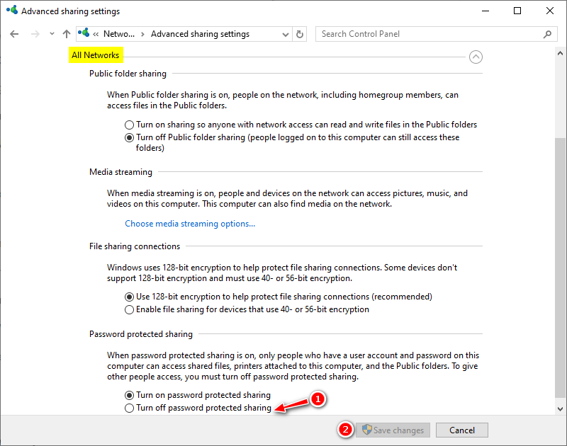 Win 10 Turn off password protected sharing