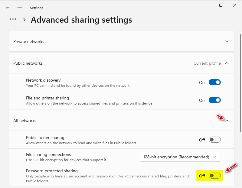 Win 11 Turn off password protected sharing