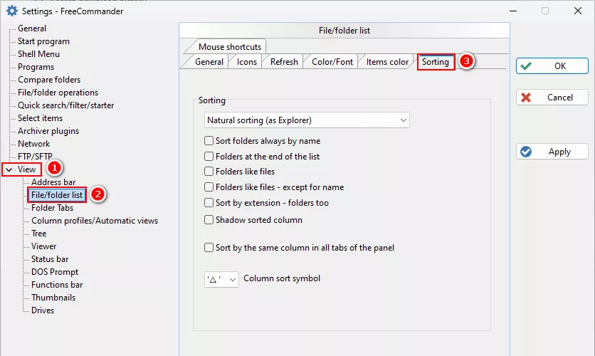 view > file/folder list > sorting