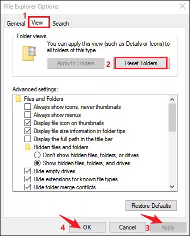 click reset folders