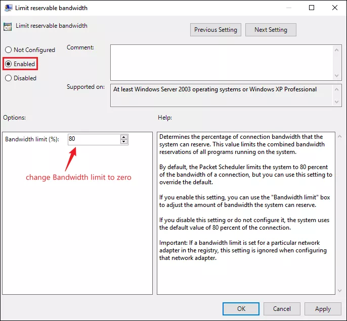 change the bandwidth limit to zero