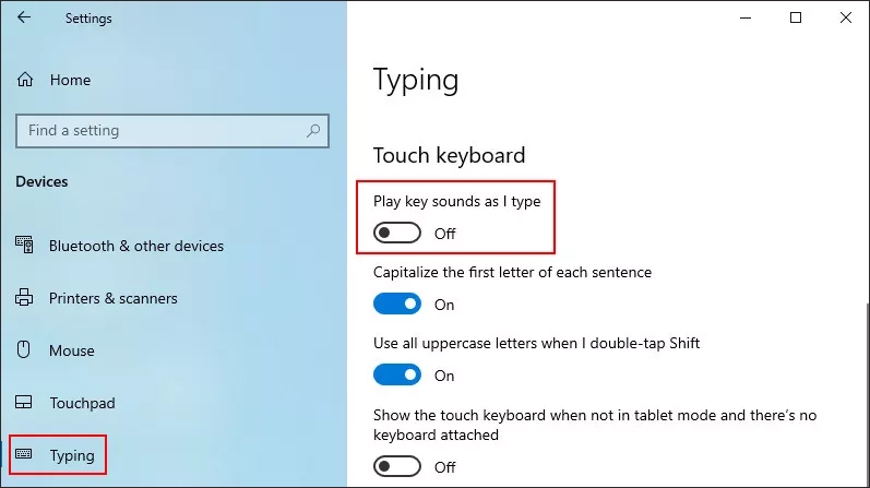 turn off touch keyboard sounds