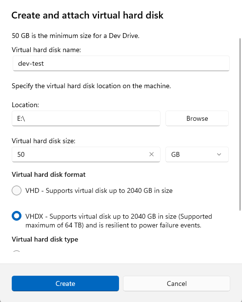 Create and attach Virtual Hard disk