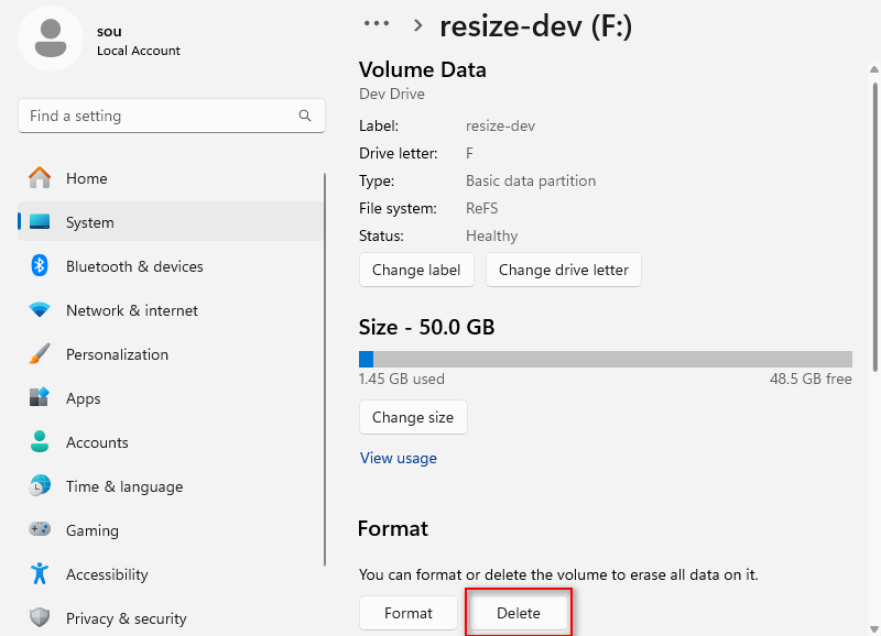 delete dev drive created by resize current drive