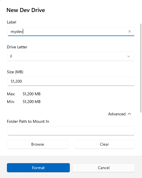 format new Dev Drive