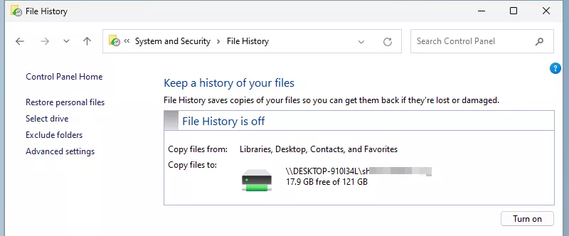 turn on File History