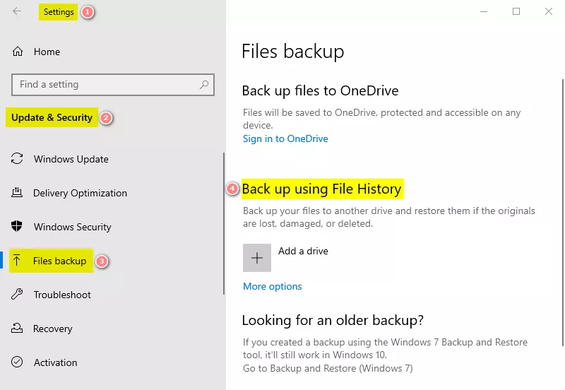 Windows 10 Back up using File History