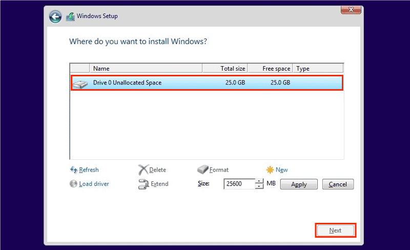 choose a drive to install win 11