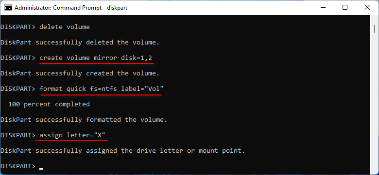 create mirror volume cmd command