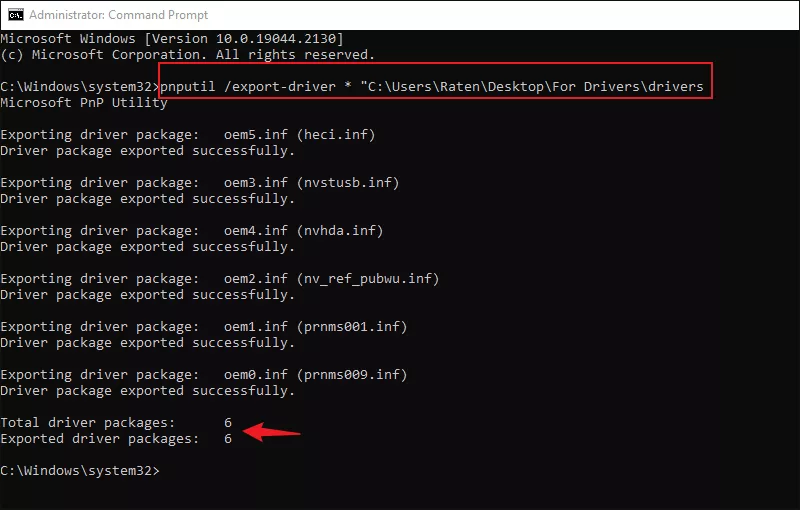 use pnputil command to export drivers